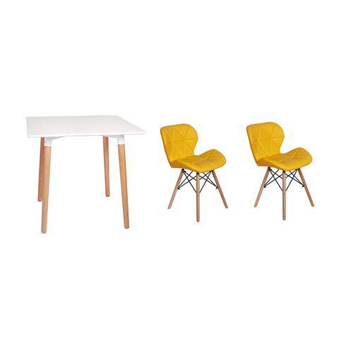 Kit Mesa Jantar Eiffel 80x80 Branca + 02 Cadeiras Slim - Amarela