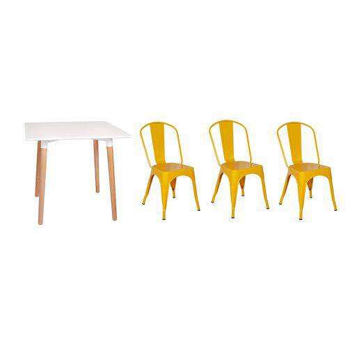 Kit Mesa Jantar Eiffel 80x80 Branca + 03 Cadeiras Tolix - Amarela