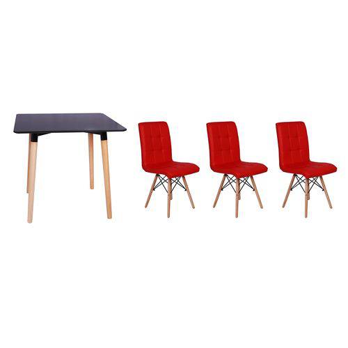 Kit Mesa Jantar Eiffel 80x80 Preta + 03 Cadeiras Gomos - Vermelha