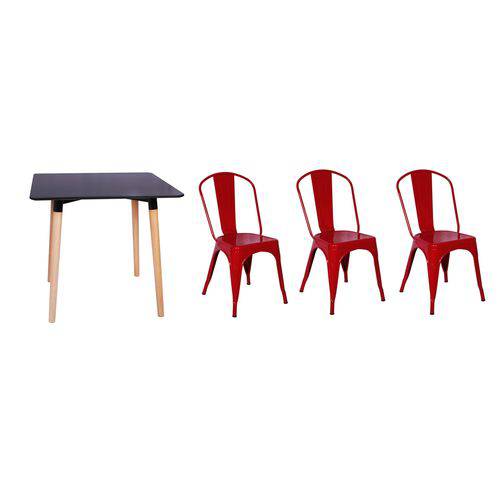 Kit Mesa Jantar Eiffel 80x80 Preta + 03 Cadeiras Tolix - Vermelha