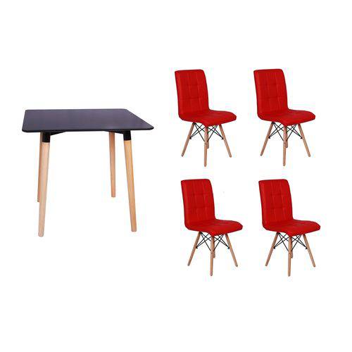 Kit Mesa Jantar Eiffel 80x80 Preta + 04 Cadeiras Gomos - Vermelha