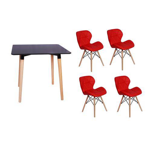 Kit Mesa Jantar Eiffel 80x80 Preta + 04 Cadeiras Slim - Vermelha