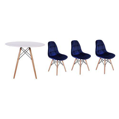 Kit Mesa Jantar Eiffel 90cm Branca + 03 Cadeiras Botonê Veludo - Azul Marinho