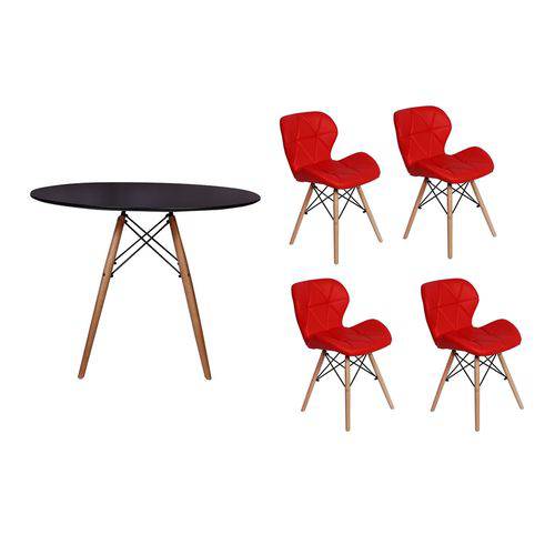 Kit Mesa Jantar Eiffel 90cm Preta + 04 Cadeiras Slim - Vermelha