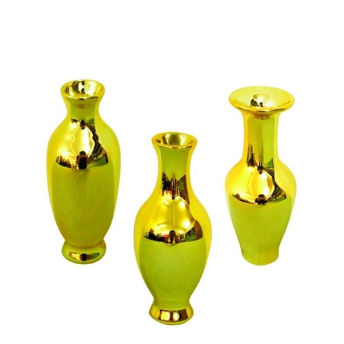 Kit Mini Vasos Cerâmica Dourado 3 Peças