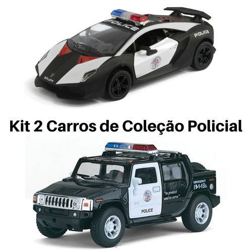 Kit 2 Miniatura Carros de Coleção Viatura Policial / Polícia Lamborghini e Hummer Cor Preto