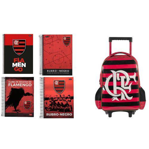 Kit Mochila Flamengo Rodinhas + 4 Cadernos Flamengo 200 Folhas Foroni