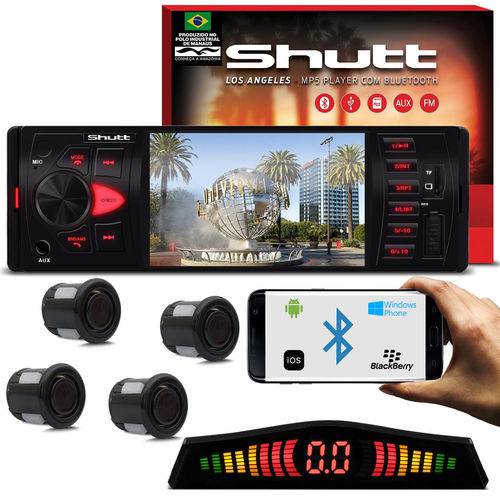 Kit Mp5 Player Shutt Los Angeles 1 Din 4 Pol Bluetooth Usb Mp3 Mp4 Fm + Sensor de Ré 4 Pontos Preto