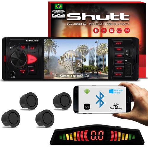 Kit Mp5 Player Shutt Los Angeles 1 Din 4 Pol Bluetooth Usb Mp3 Mp4 + Sensor de Ré 4 Pontos Grafite