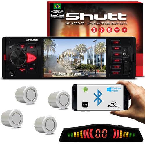 Kit Mp5 Player Shutt Los Angeles 1 Din 4 Pol Bluetooth USB Mp3 Mp4 + Sensor de Ré 4 Pontos Prata Led