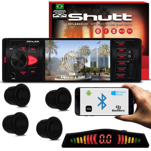 Kit Mp5 Player Shutt Los Angeles 1 Din 4 Pol Bluetooth Usb Mp3 Mp4 + Sensor Ré 4 Pontos Preto Fosco