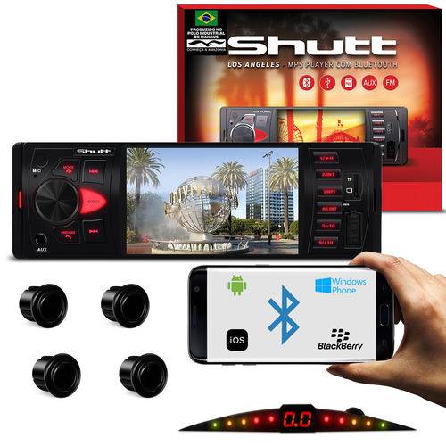 Kit Mp5 Player Shutt Los Angeles 1 Din 4 Pol Bluetooth USB Mp3 + Sensor Ré 4 Pontos Preto Brilhante
