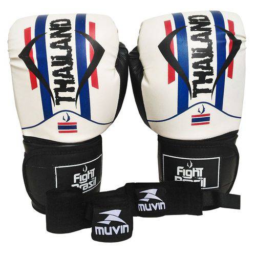Kit Muay Thai Boxe Luva com Bandagens Preta 12 Oz Fight Brasil Tailândia