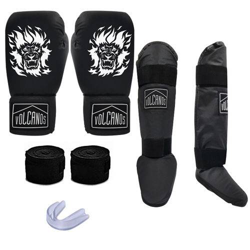 Kit Muay Thai/boxe Luva Volcanos Lion Preta e Caneleira Bandagem Bucal