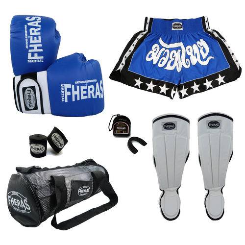 Kit Muay Thai Orion -Luva Bandagem Bucal Caneleira Bolsa Shorts- Azul