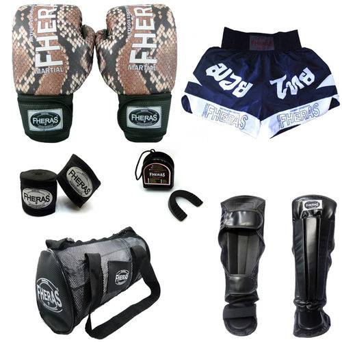 Kit Muay Thai Top -Luva Bandagem Bucal Caneleira Bolsa Shorts -COBRA 1