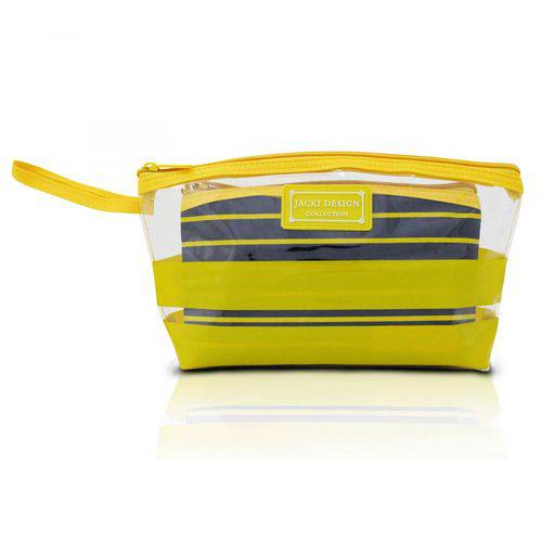 Kit Necessaire 2 em 1 Tam. P Listrada Amarelo PVC + Microfibra Jacki Design