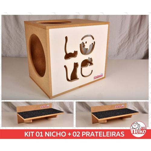Kit Nicho Gatos + 02 Prat Arranhador - Mdf Cru - Fte Branca - Love - Cj 3 Pc