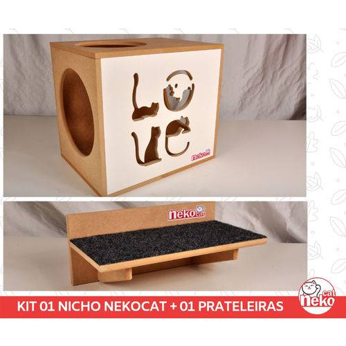 Kit Nicho Gatos + 01 Prat Arranhador - Mdf Cru - Fte Branca - Love - Cj 2 Pc