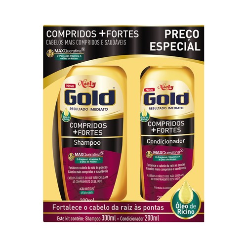 Kit Niely Gold Shampoo 300ml + Condicionador 200ml Compridos + Fortes