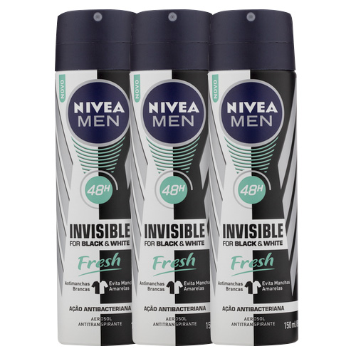 Kit Nivea Desodorante Aerosol Invisible Masculino Fresh 150ml 3 Unidades