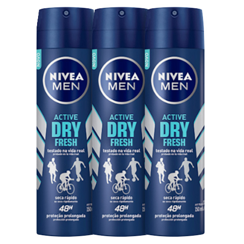 Kit Nivea Desodorante Masculino Aerosol Active Dry Fresh 150ml 3 Unidades