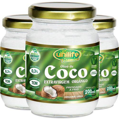 Kit 3 Óleo de Coco Orgânico Extra Virgem Unilife 200ml