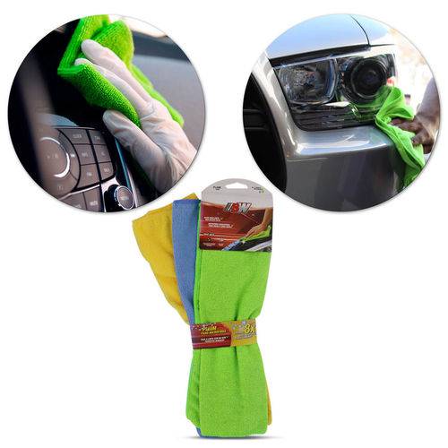Kit 3 Panos de Microfibra Flanela para Limpeza Automotiva e Doméstica Amarelo Azul Verde