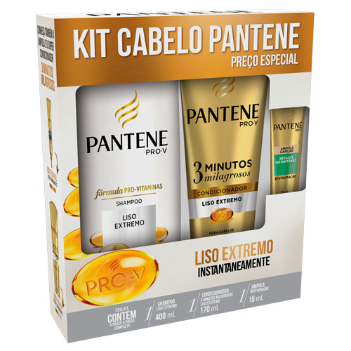 Kit Pantene Shampoo Liso Extremo 400ml + Condicionador 3 Minutos Milagrosos 170ml + Ampola 15ml