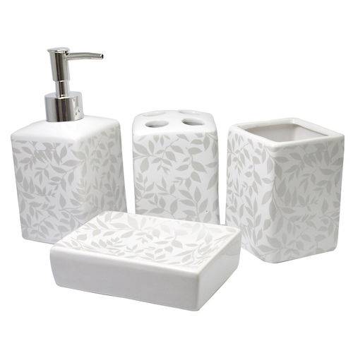 Kit para Banheiro 4 Peças Porta Sabonete Líquido Folhas Branco e Prata