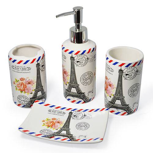 Kit para Banheiro 4 Peças Porta Sabonete Líquido Tema Paris França Postal