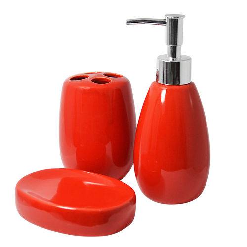 Kit para Banheiro 3 Peças Porta Sabonete Líquido Liso Vermelho