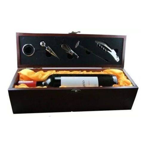 Kit para Vinho Luxo com 6 Acessórios Inox Caixa Madeira Dosador
