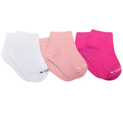 Kit: 3 Pares de Meia Soquete para Bebê Branca/Pink/Rosa - Leke