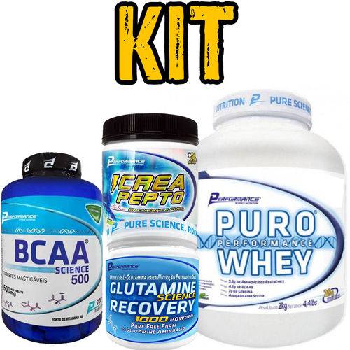 Kit Performace Puro Whey Morango 2kg + Bcaa Science 500(200 Tabs) + Crea Pepto 300g + Glutamine 300g