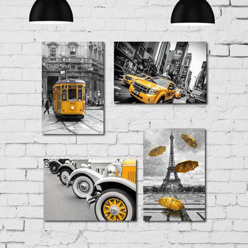 Kit Placa Decorativa Mdf Cidades em Detalhe Amarelo 4un 30x40