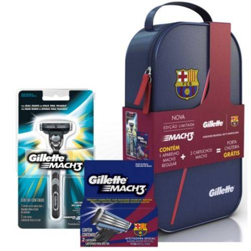 Kit Porta Chuteira Gillette Barcelona + Aparelho Mach3 + Carga Mach3 - 2 Unidades