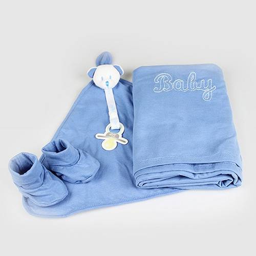 Kit Presente Baby Algodão Egípcio Ursinho Azul (Manta, Sapatinhos e Blanket)