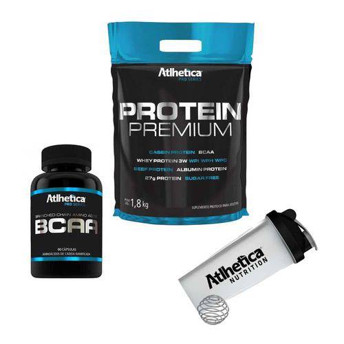 Kit Protein Premium 1,8kg (Morango) + Bcaa 60 Caps + Shaker