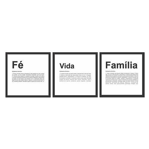 Kit 3 Quadros Decorativo de Sala Fé Vida e Família Madeira
