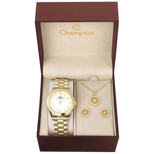 Kit Relógio Champion Dourado Cn25216w + Brincos e Colar