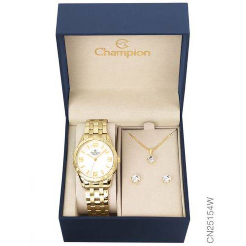 Kit Relógio Champion Dourado Feminino Cn25154w + Brincos e Colar