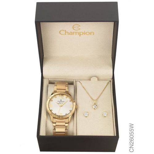 Kit Relógio Champion Dourado Feminino Cn26055w + Brincos e Colar