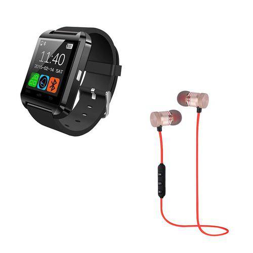 Kit Relógio Dagg Smartwatch U8 Inteligente Bluetooth Preto e Fone XT-6 Bluetooth Sem Fio Vermelho