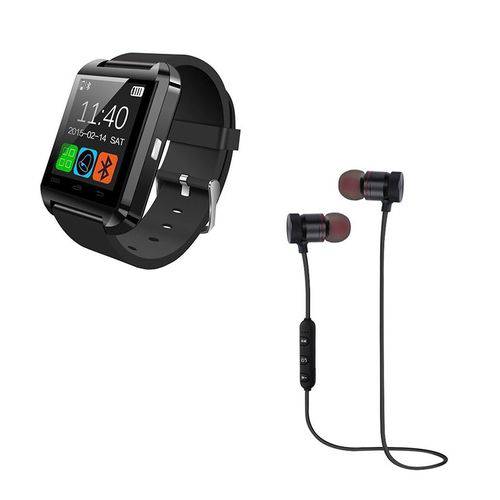 Kit Relógio Dagg Smartwatch U8 Inteligente Via Bluetooth Preto e Fone XT-6 Bluetooth Sem Fio Preto