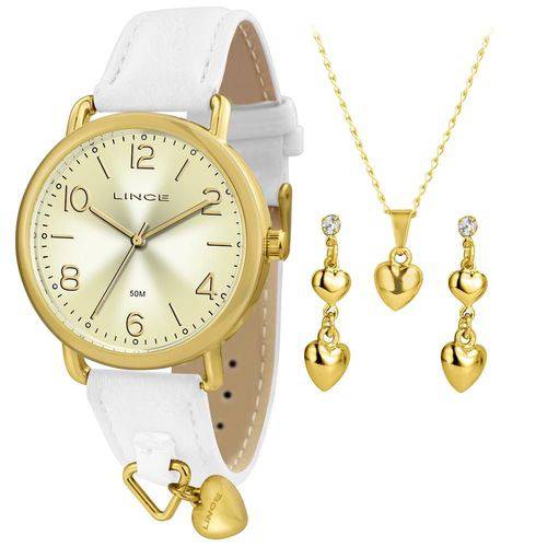 Kit Relógio Lince Feminino Dourado e Branco Semijóia