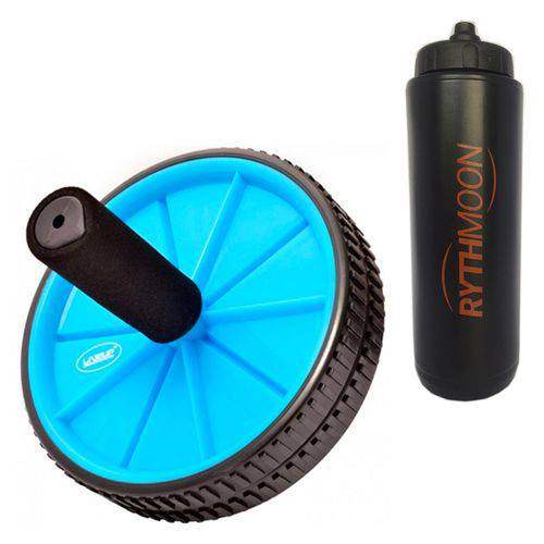 Kit Roda Exercícios Abdominal e Lombar - Exercise Wheel - Liveup Azul + Squeeze Automático 1lt