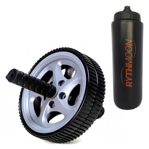 Kit Roda Exercícios Abdominal e Lombar - Exercise Wheel - Liveup Cinza + Squeeze Automático 1lt