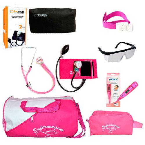 Kit Rosa Pink para Enfermagem Completo com Esfigmo e Esteto