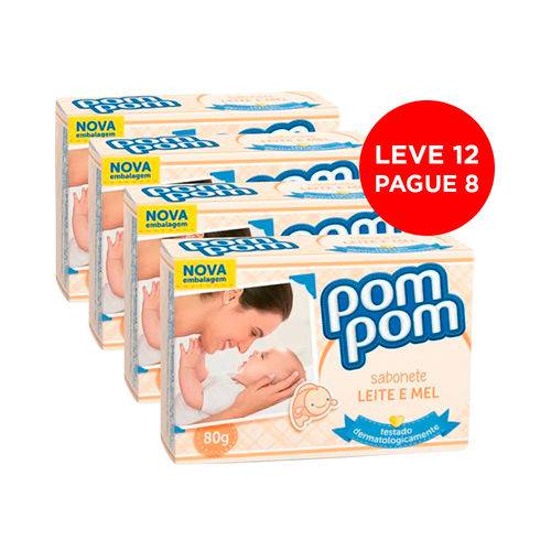 Kit Sabonete Infantil Pom Pom Baby Leite e Mel 80g Leve 12 Pague 8